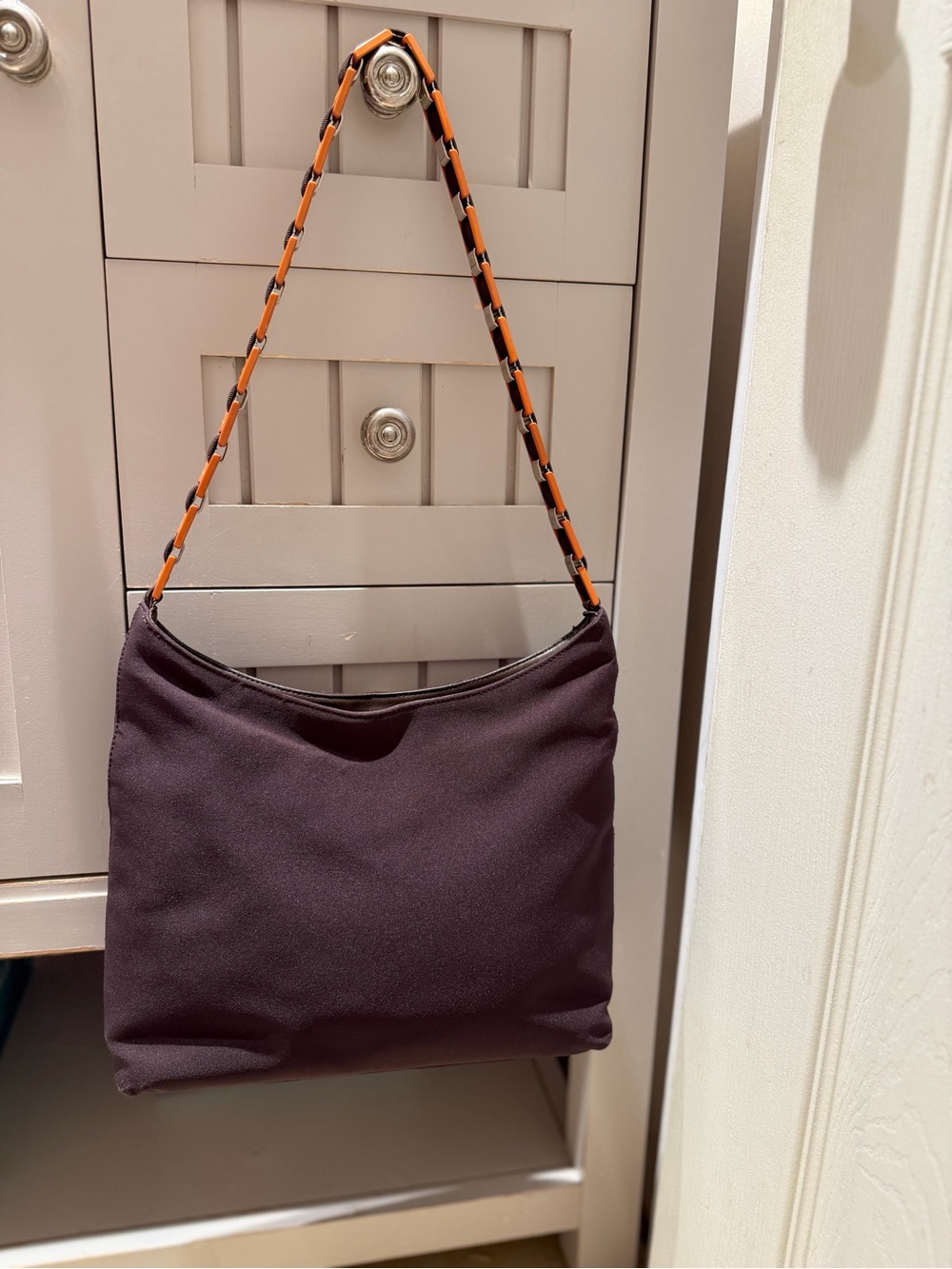 Salvatore Ferragamo Nylon Shoulder Tote Bag with Plastic Chain Strap EUC Brown - Picture 6 of 15